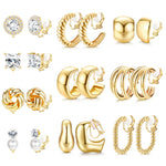 HASTHIP® 10 Pares de Aretes de Clip para Mujer Oro sin Perforación,Pendientes Clip On con Perlas y Circonita Cúbica,Aros Gruesos y Studs Elegantes Joyería Moda para Oídos Sensibles
