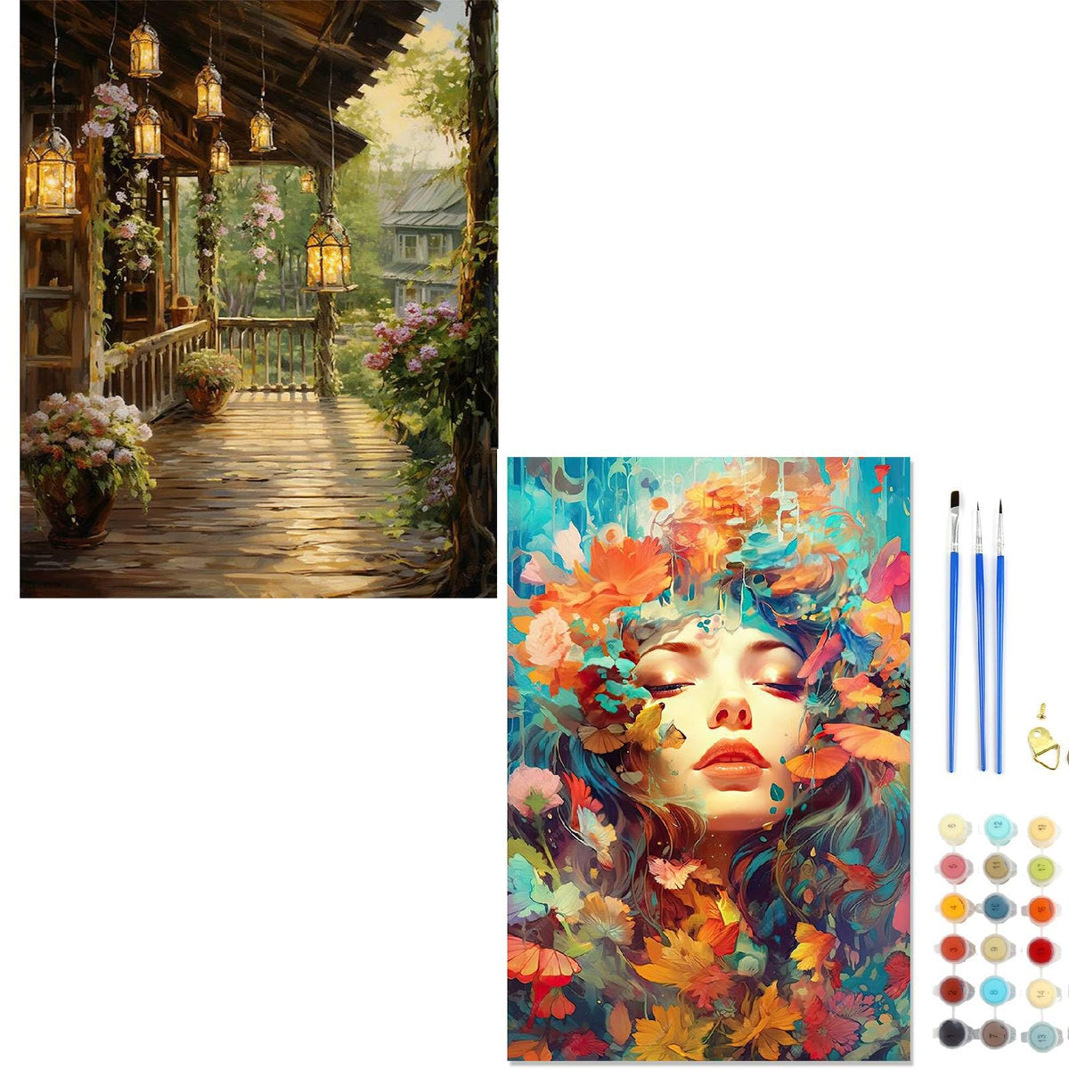 HASTHIP® Paint by Numbers Kit Combo for Adults & Kids, Girls & Flowers + Countryside Scenery, DIY Canvas Oil Painting, Wall Decor for Home, Crafts, Journaling, Planners, 16x20 & 40x50 cm