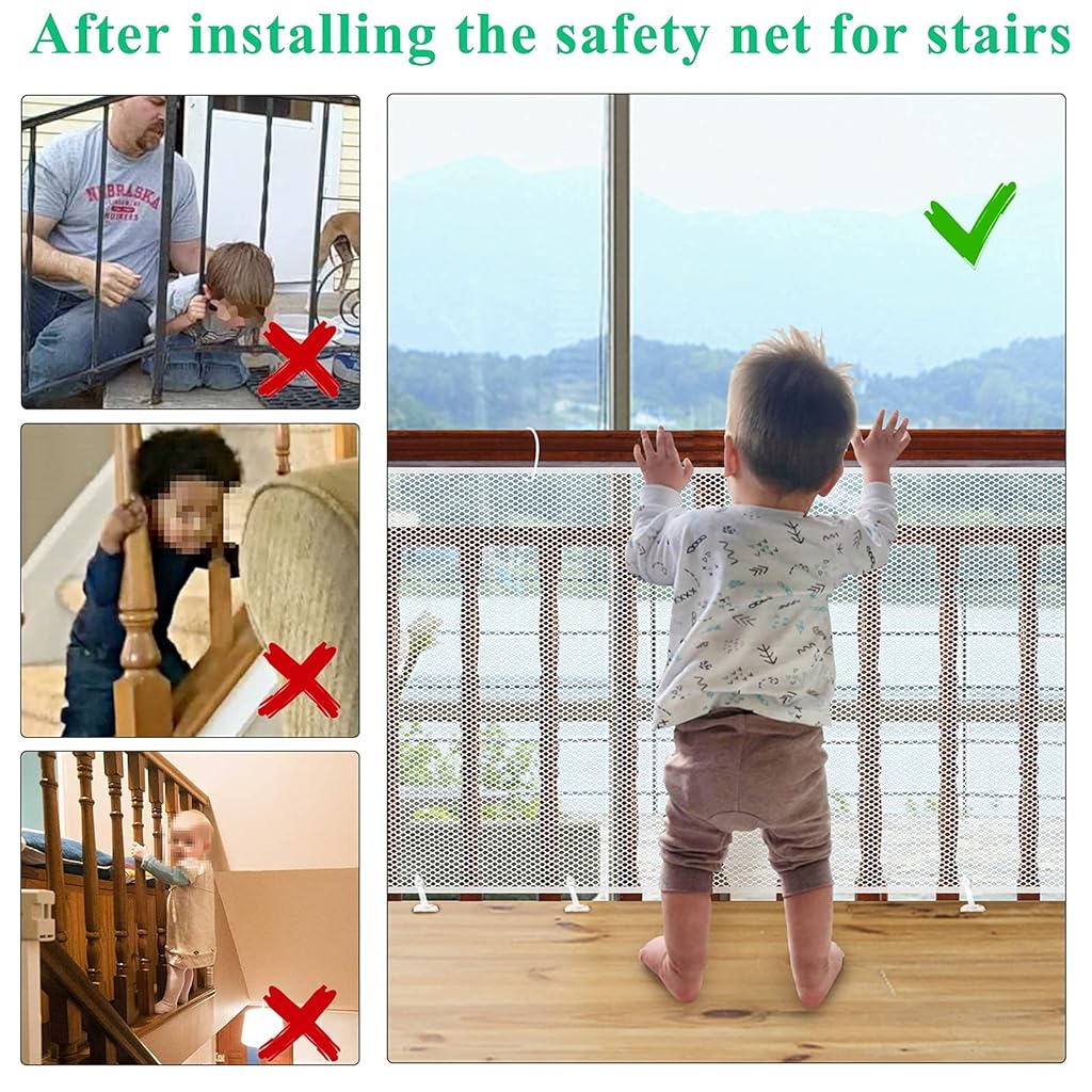 HASTHIP® Red de Seguridad para Bebés en Balcón y Escaleras,Malla Protectora de Barandilla Ajustable,25 Cuerdas y 15 Hebillas Tejido Resistente Lavable Impermeable para Interior Exterior