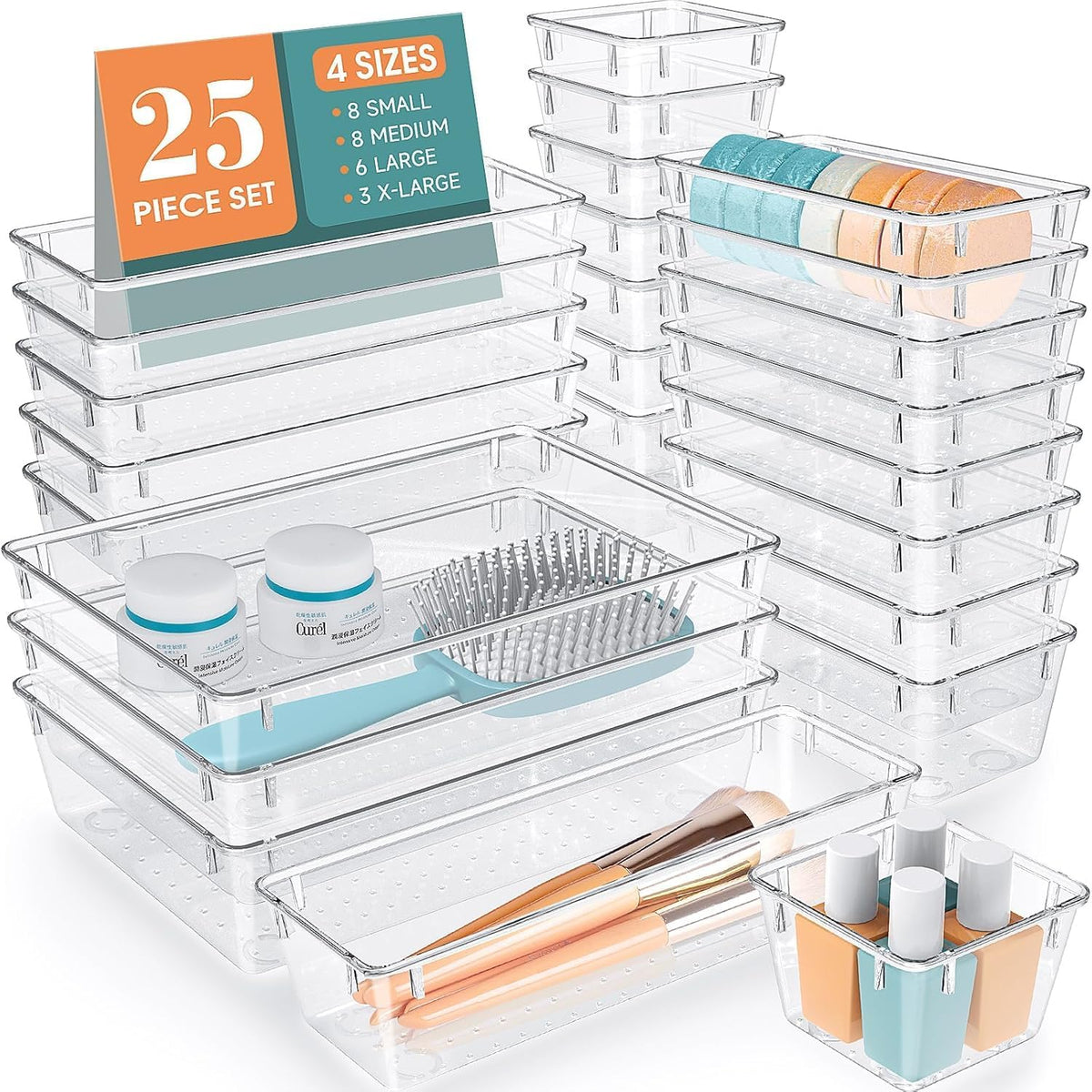 HASTHIP Plastic Drawer Organizer for Makeup and Office with 25 PCS Stackable PET Trays | Clear Non Slip Design