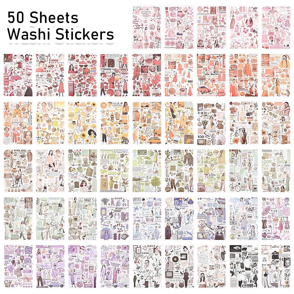 HASTHIP® 50 Sheets Vintage Washi Stickers, Scrapbook Stickers for Junk Journals, Aesthetic Sticker Book for Journaling Supplies, Art Bullet Journals, Scrapbooking and Paper Work, Home Decor