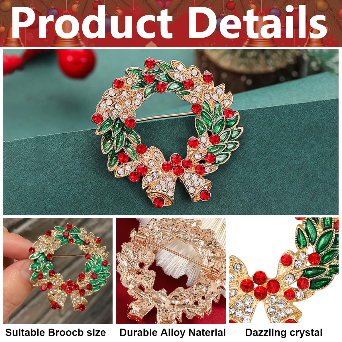 HASTHIP® Christmas Brooch for Women Men Inlaided Rhinestone Shining, Christmas Bell Brooch, Alloy Brooch for Coat Dress Gown Shawl Sweather, Christmas Gift