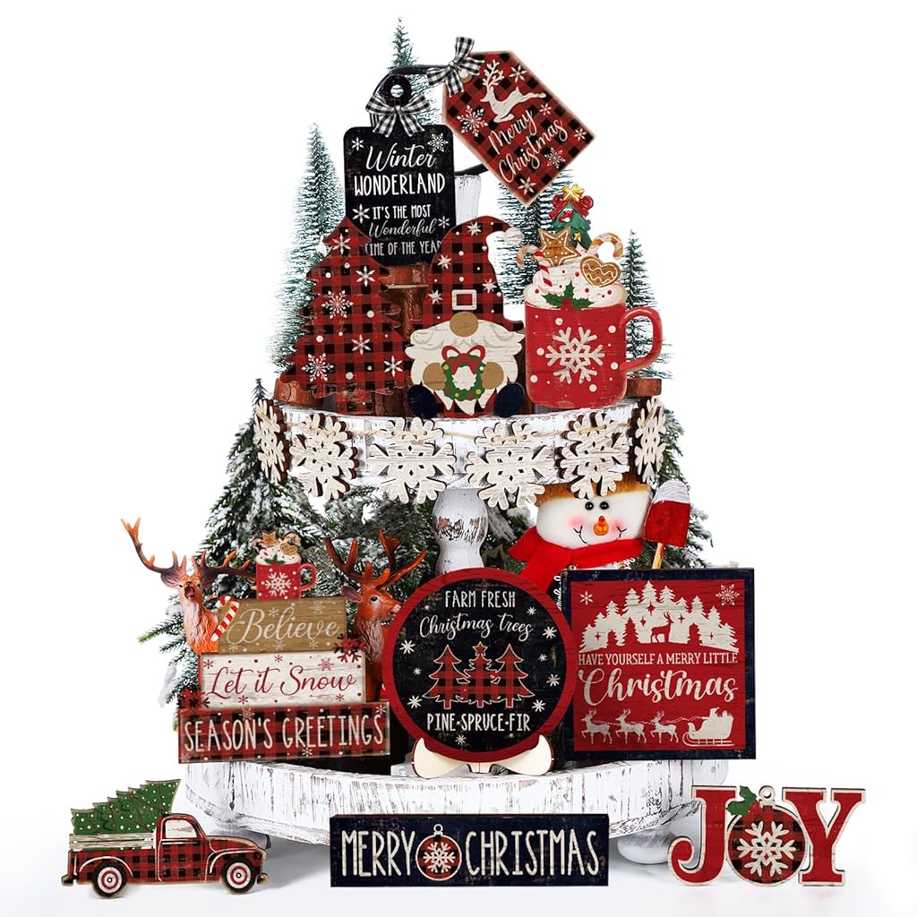 HASTHIP® Christmas Tiered Tray Decor Winter Tiered Tray Decorations Set Snowman Snowflake Gnome Truck Wooden Signs Farmhouse Christmas Table Decorations for Home Table Shelf - Patterned