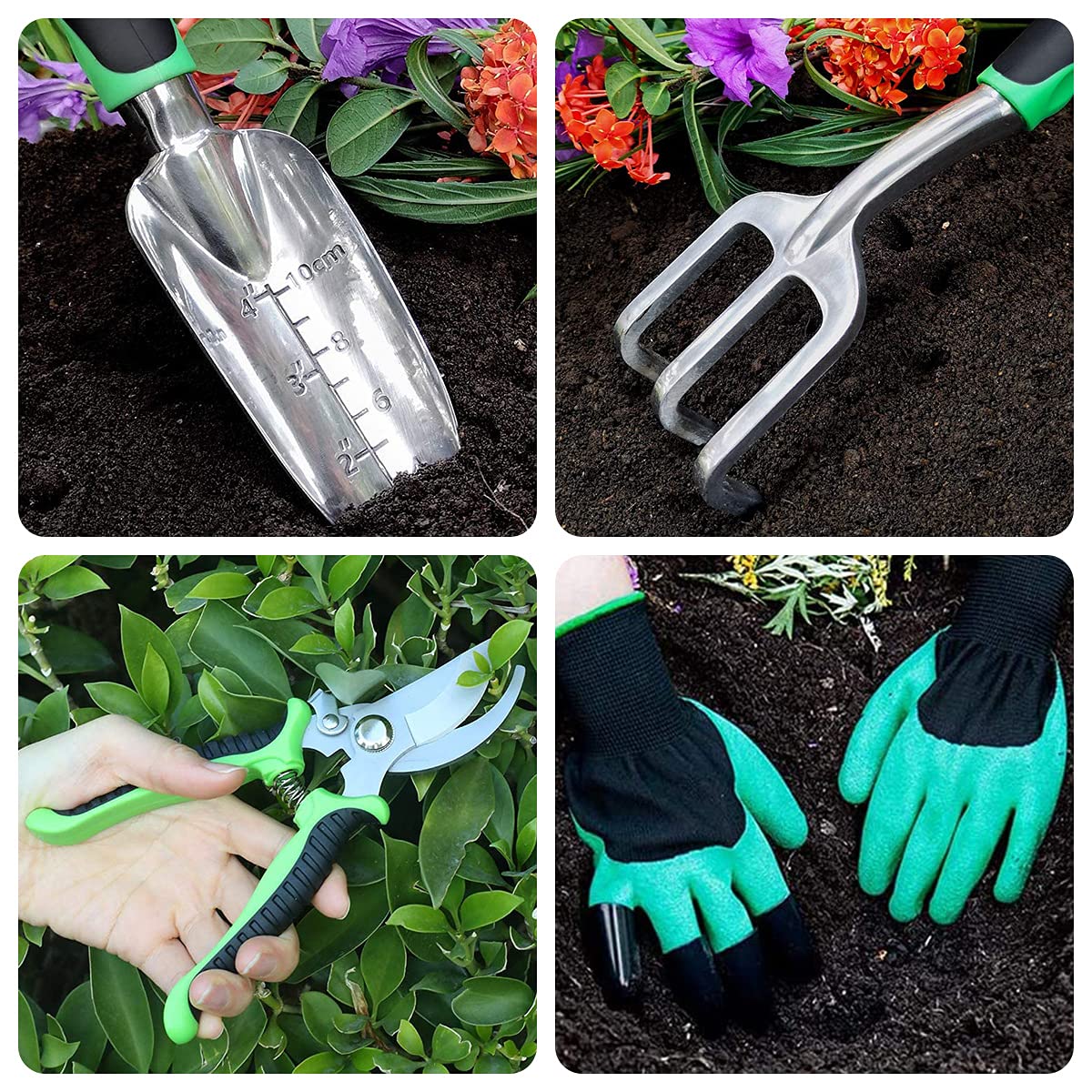 4Pcs Garden Tools for Home Gardening Stainless Steel Heavy Duty Tools, Gardening Transplanting Spade, Cultivator, Pruner and Gardening Gloves, Farming Tools Garden Tool Sets