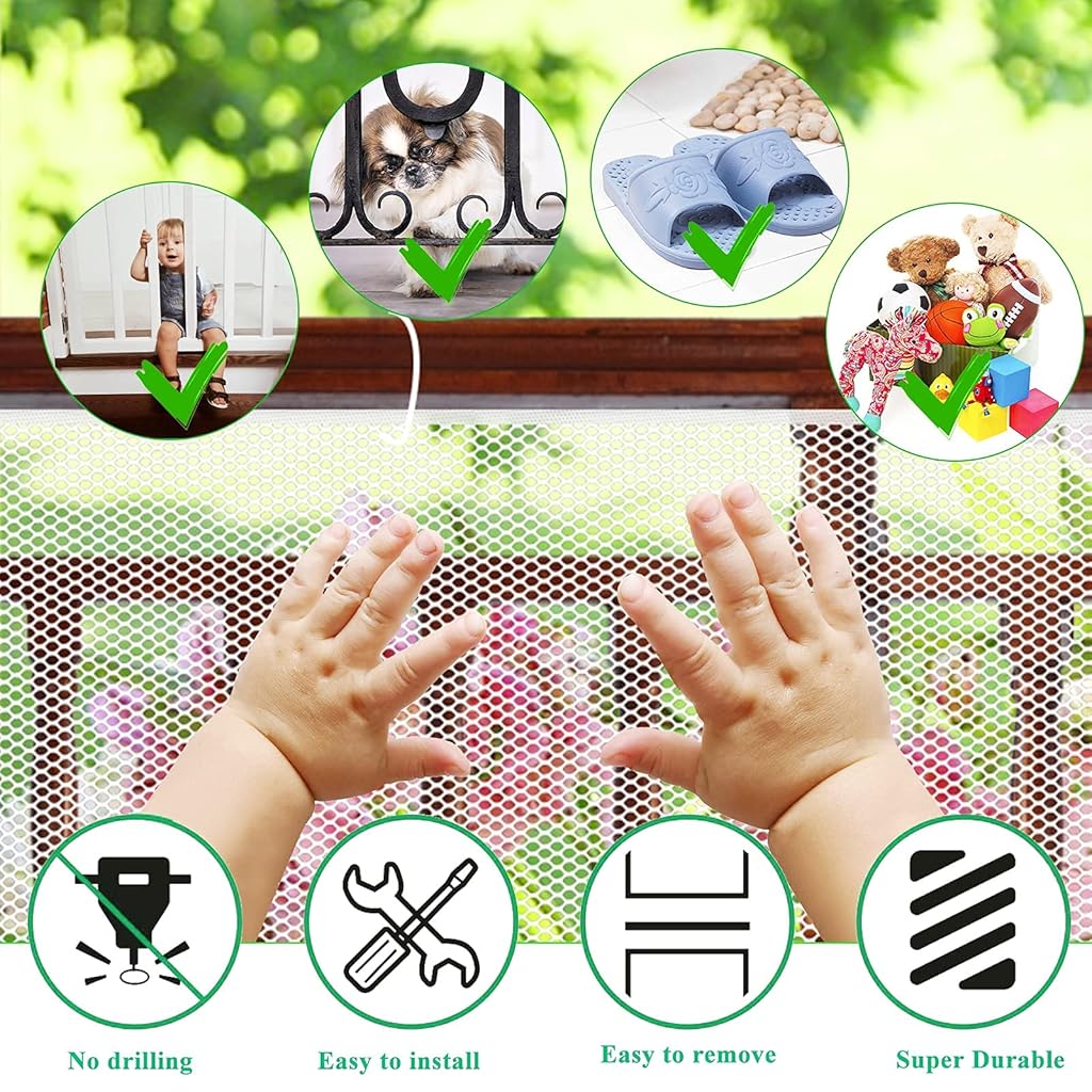 HASTHIP® Red de Seguridad para Bebés en Balcón y Escaleras,Malla Protectora de Barandilla Ajustable,25 Cuerdas y 15 Hebillas Tejido Resistente Lavable Impermeable para Interior Exterior