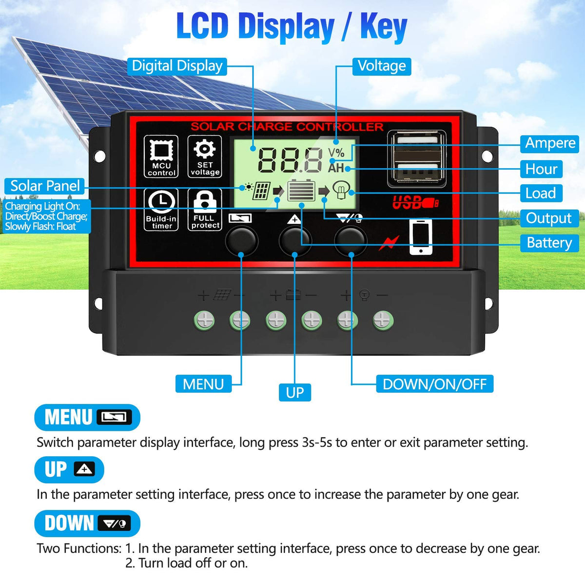 HASTHIP Solar Charge Controller for 12V 24V Panels with LCD Display & Dual USB 20A | Intelligent Battery Regulator