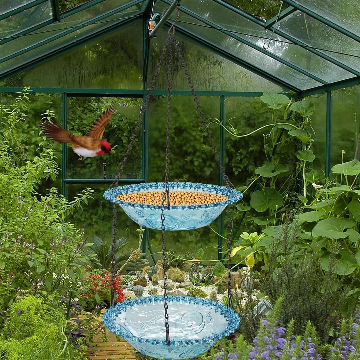 HASTHIP Garden Hanging Bird Bath for Outdoor Use with 70CM Double Layer Bowls | Crystal Blue Decor