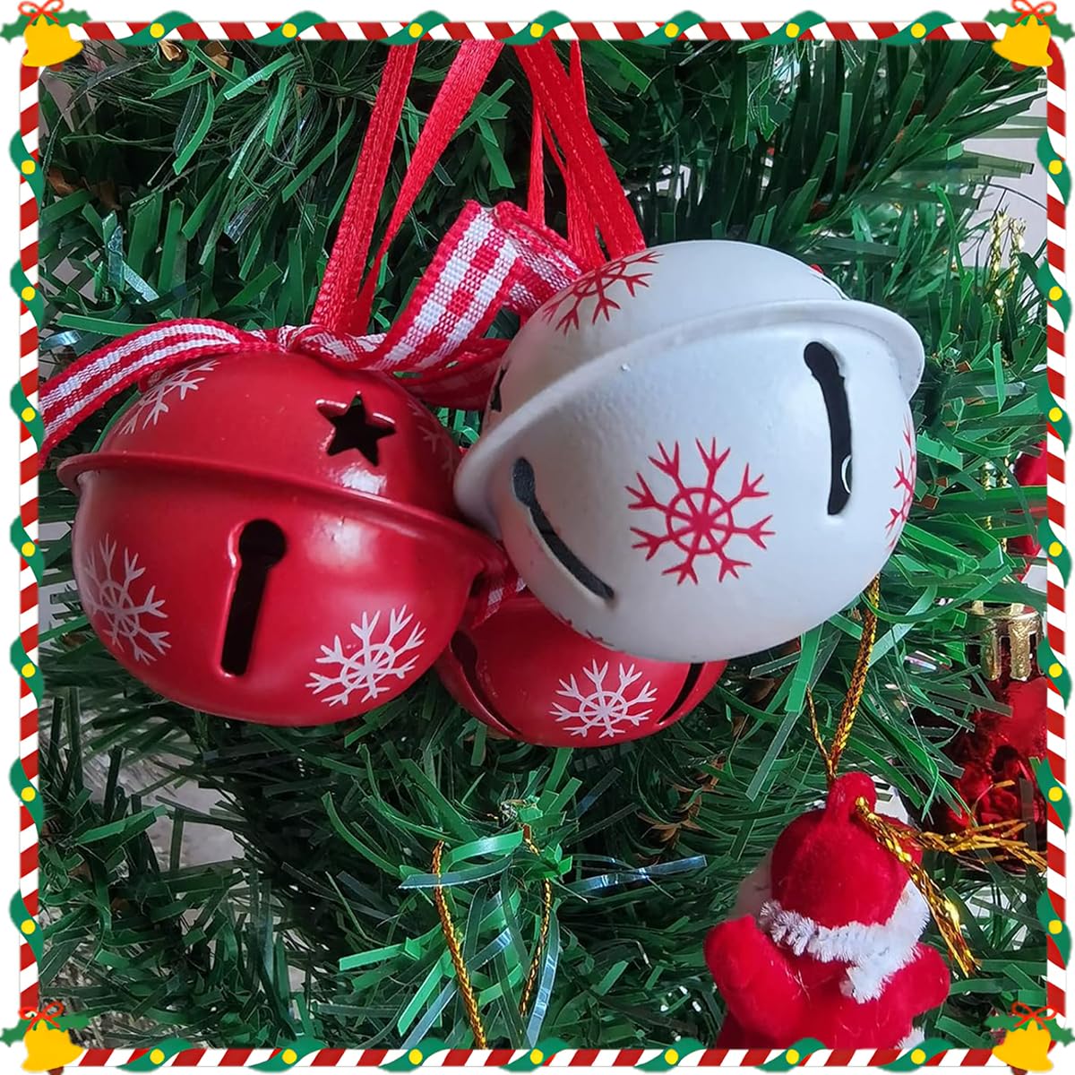 HASTHIP Christmas Bell Ornaments for Tree Decorating with 12 Metal Bells and Checkered Ribbons | Green Red White Holiday Décor