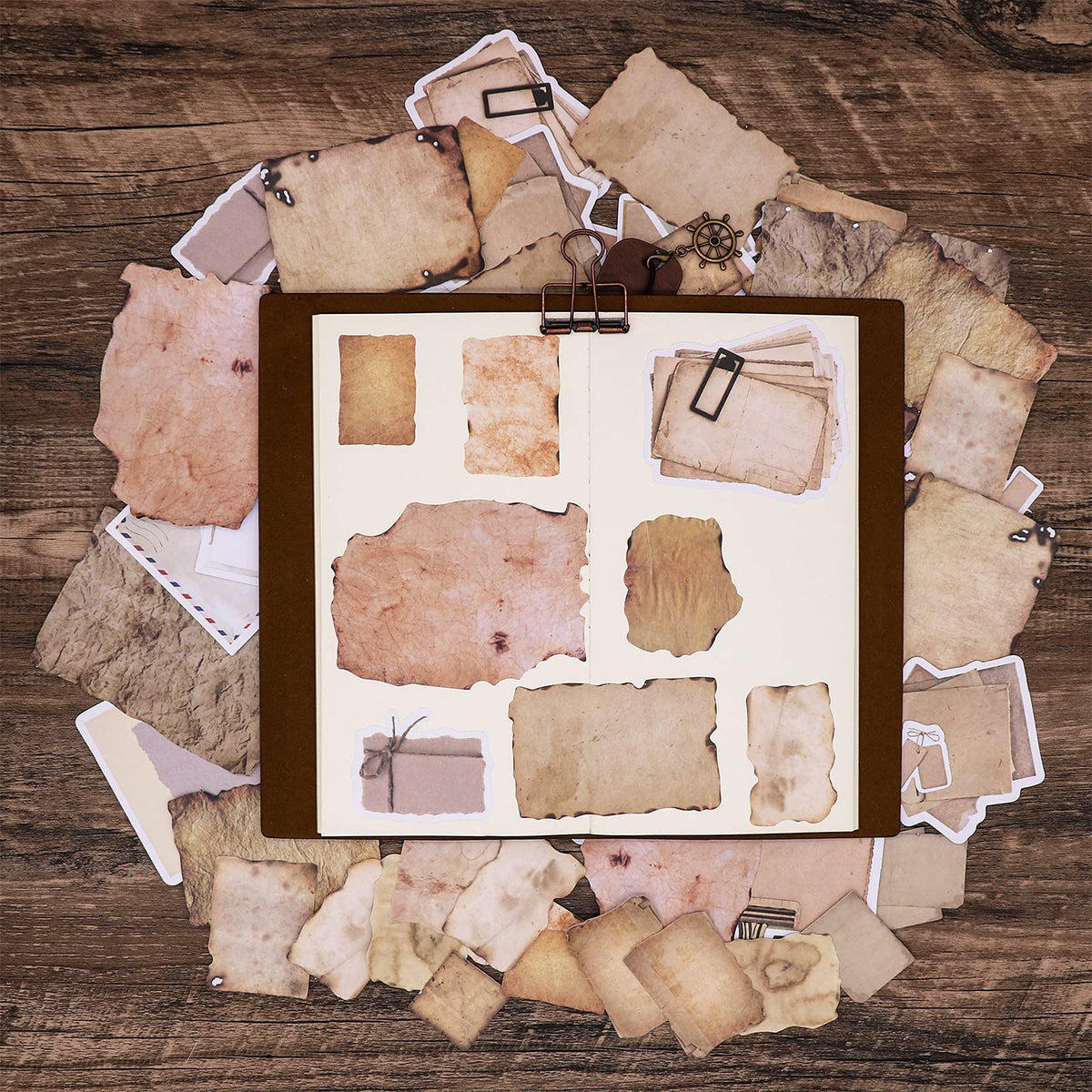 HASTHIP Vintage Scrapbook Materials for Journals with 90 pcs Aged Paper Stickers | Retro DIY Crafts