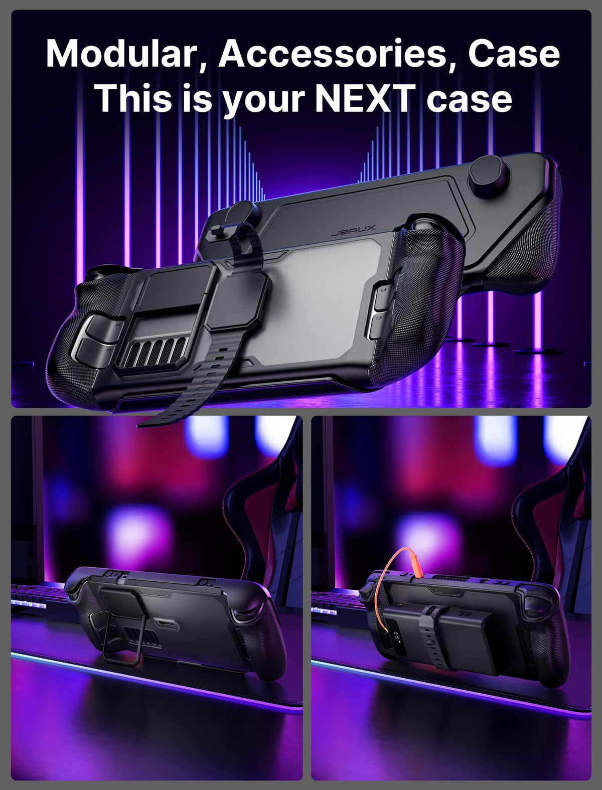 HASTHIP® JSAUX ModCase for Steam Deck, Modular Protective Case with Detachable Front Shell, PC0104 Face Cover, Adjustable Metal Kickstand, Carrying Strap, Valve Steam Deck Accessories – Basic Set,