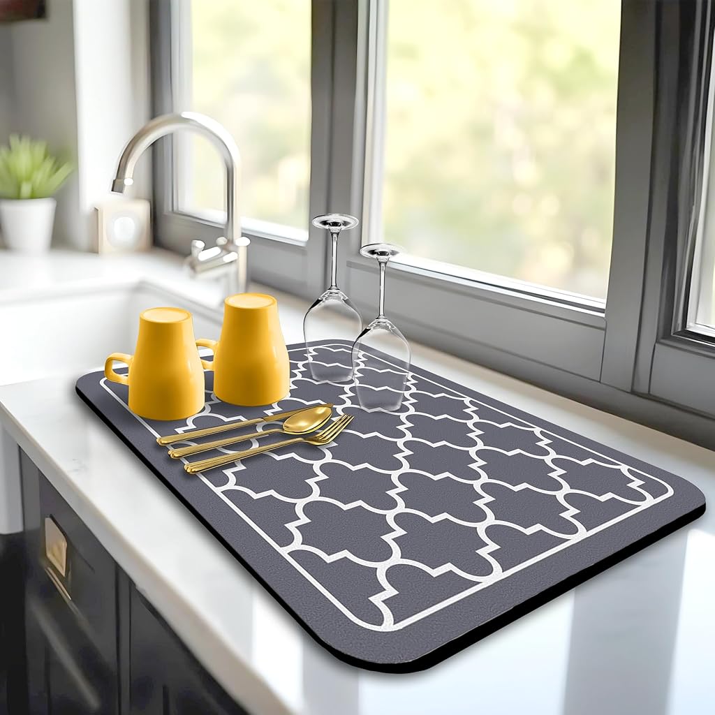 HASTHIP® Dish Drying Mat Super Absorbent Coffee Bar Mat for Kitchen Counter,Large Quick Dry Anti-Slip Diatomaceous Earth & Microfiber Pad,Heat Resistant Draining for Dishes Cups Pots
