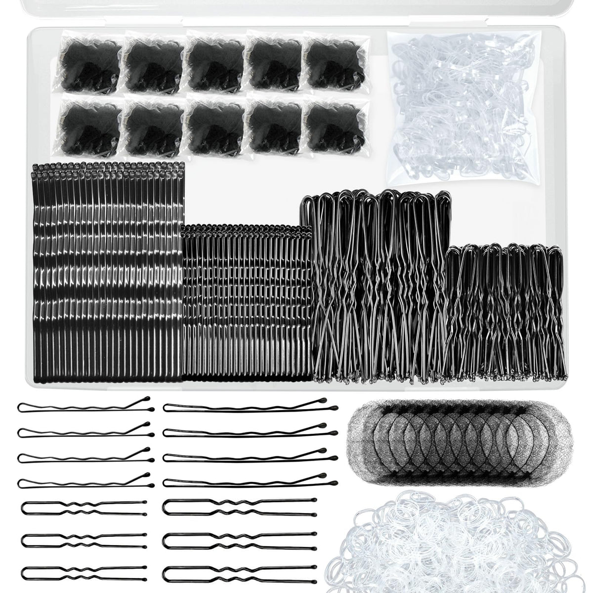 HASTHIP® Kit de 510 Accesorios para Cabello Negro,Incluye 100 Horquillas,100 Pasadores en U 300 Ligas Elásticas y 10 Redes para Moños Ideal Peinados Moños Trenzas y Recogidos