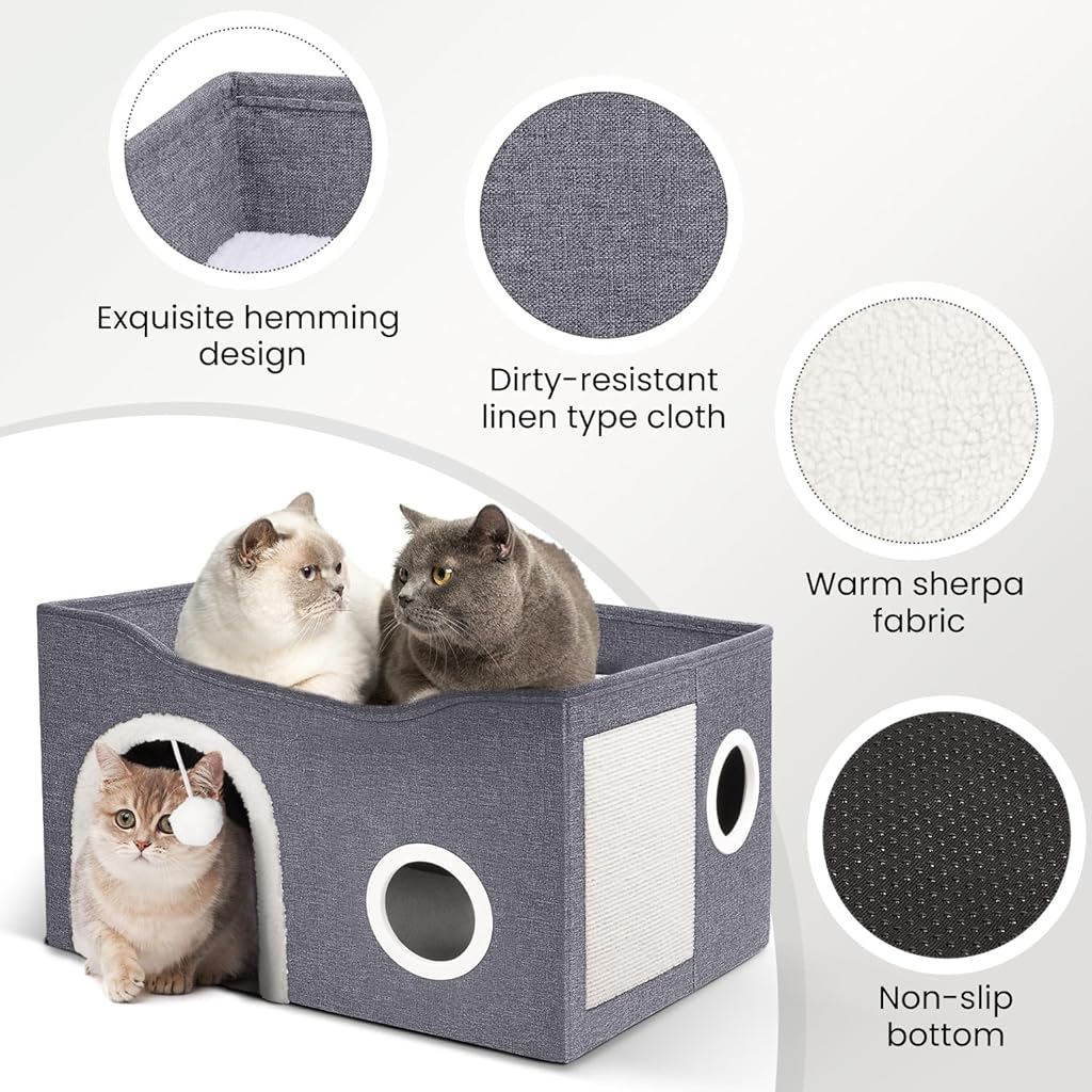 HASTHIP® Foldable Cat House, Cat Bed for Indoor Cats, for Cat Multi Opens Game Tunnel for Cat Double Layer Cat House with Atop Platform & Cat Scratcher Board DIY Assembly Cat House All Season Use