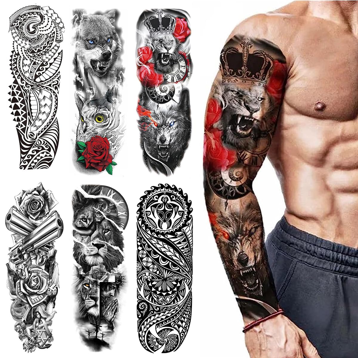 HASTHIP® 6 Hojas Tatuajes Temporales Grandes Impermeables para Brazos y Piernas,Diseños de Lobo,León y Rosa Tatuajes de Manga Temporales para Hombres Mujeres Ideal Fiesta
