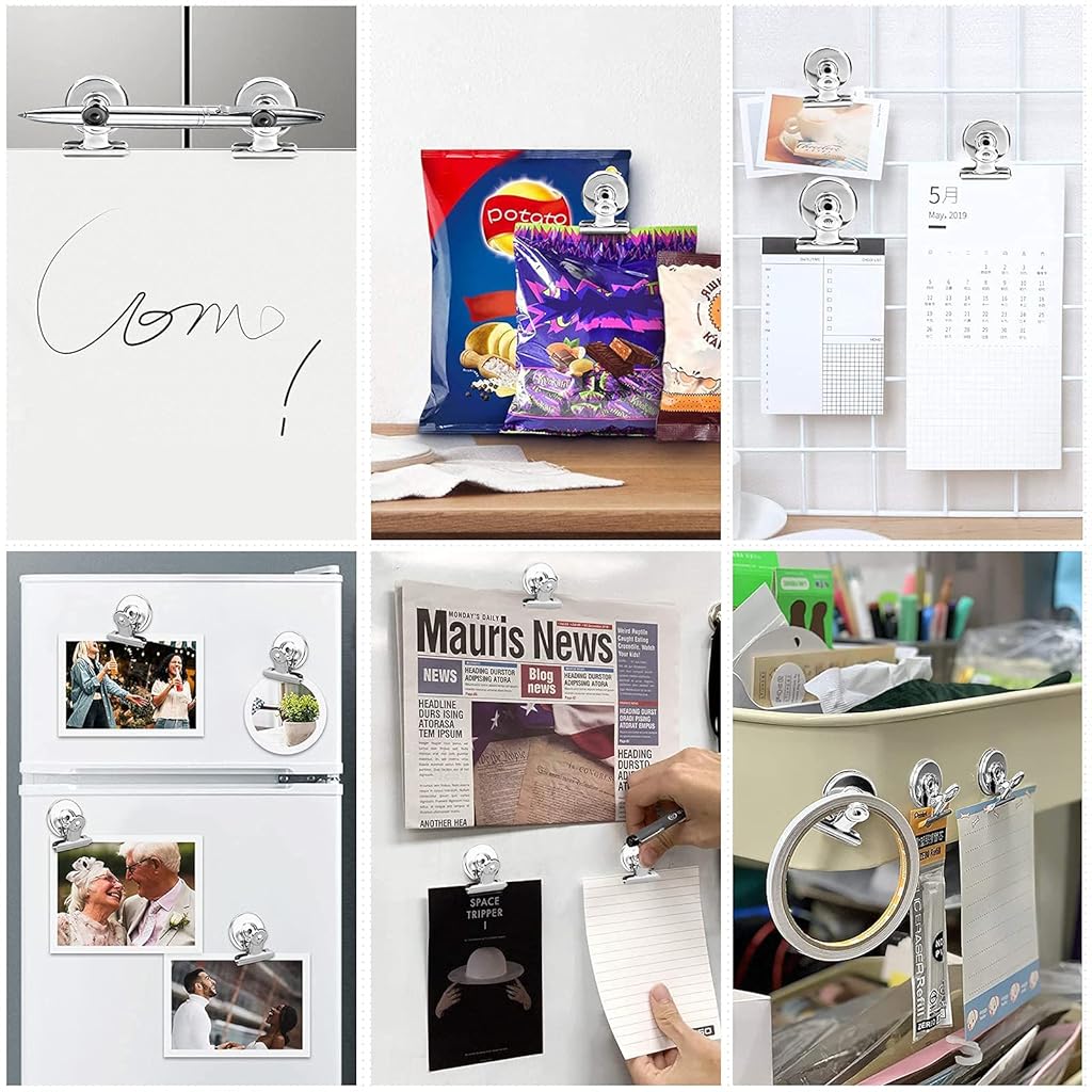 HASTHIP® Magnetic Clips, 10 Pcs Strong Refrigerator Magnetic Hook Clips with Anti-scratch Sticky Pads Included, Fridge Freezer Magnets Office Whiteboard Paper Photo Magnets for Office School Home