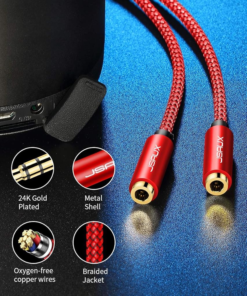 HASTHIP® Adaptador Divisor Auriculares 3.5mm, Cable Y Estéreo de 1 Macho a 2 Hembras, Splitter Audio y Micrófono Compatible con PS5, Xbox, PC, Portátil, Smartphone, Tableta - Rojo