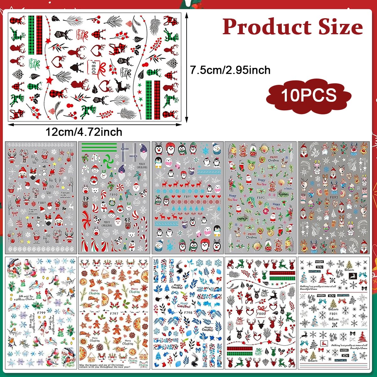 HASTHIP Nail Art Decals for Christmas with 10 Sheets Self Adhesive Santa Designs | DIY Stickers