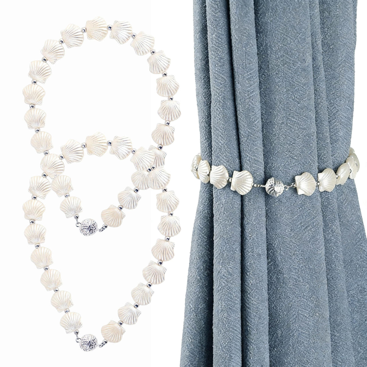 HASTHIP® 2 Piezas de Abrazadera de Cadena con Concha Blanca para Cortinas Pesadas, sujeción magnética Decorativa Costera para Sala de Estar y Dormitorio, 40cm