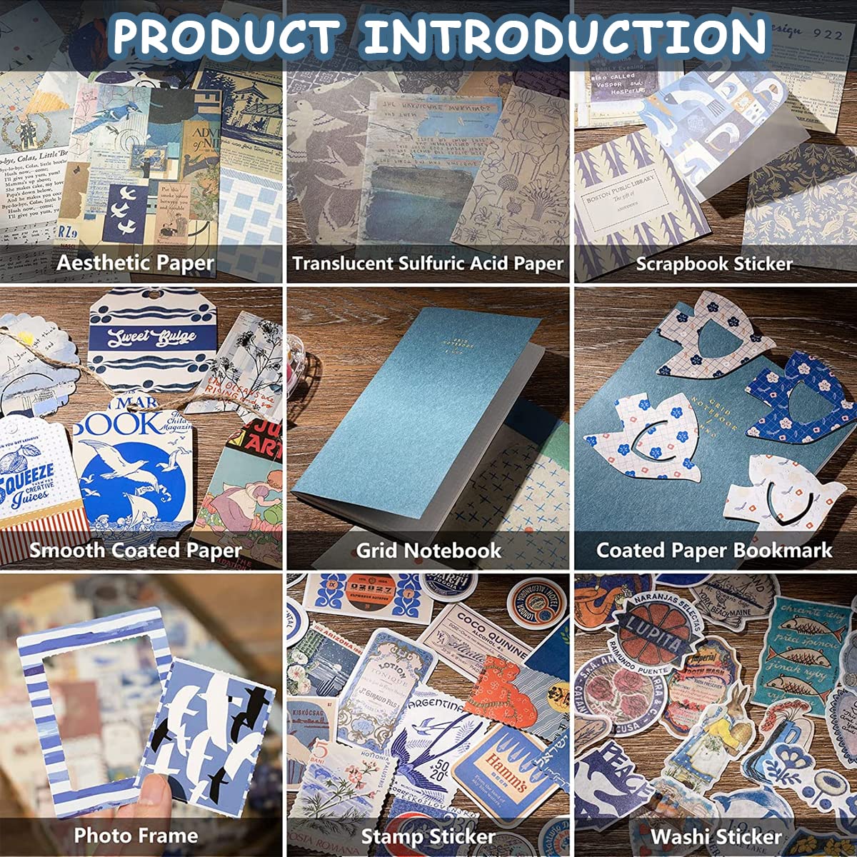 HASTHIP Paper Scrapbook Stickers Kit for Journaling and Scrapbooking with 3 PCS 5cm Blue Retro Papers | Includes 20 Stamp and 20 Washi Stickers