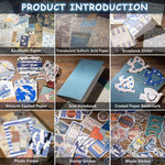 HASTHIP Paper Scrapbook Stickers Kit for Journaling and Scrapbooking with 3 PCS 5cm Blue Retro Papers | Includes 20 Stamp and 20 Washi Stickers