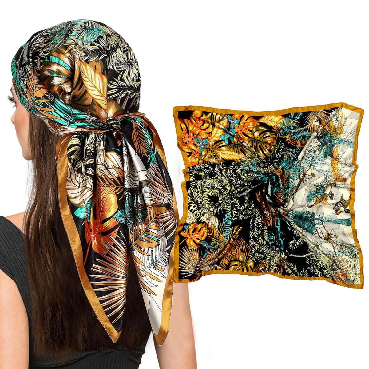 HASTHIP® Pañuelo de Seda para Mujer,Turbante y Bufanda Cuadrada 35 Pulgadas,Estilo Floral Elegante Accesorio de Moda Bandana Suave Ligera para Cuello Cabeza o Cabello Regalo Damas y
