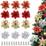 HASTHIP Christmas Poinsettia Flowers for Tree and Home Decor 12 pcs featuring 4 designs | 5.5 in ornaments in red and gold