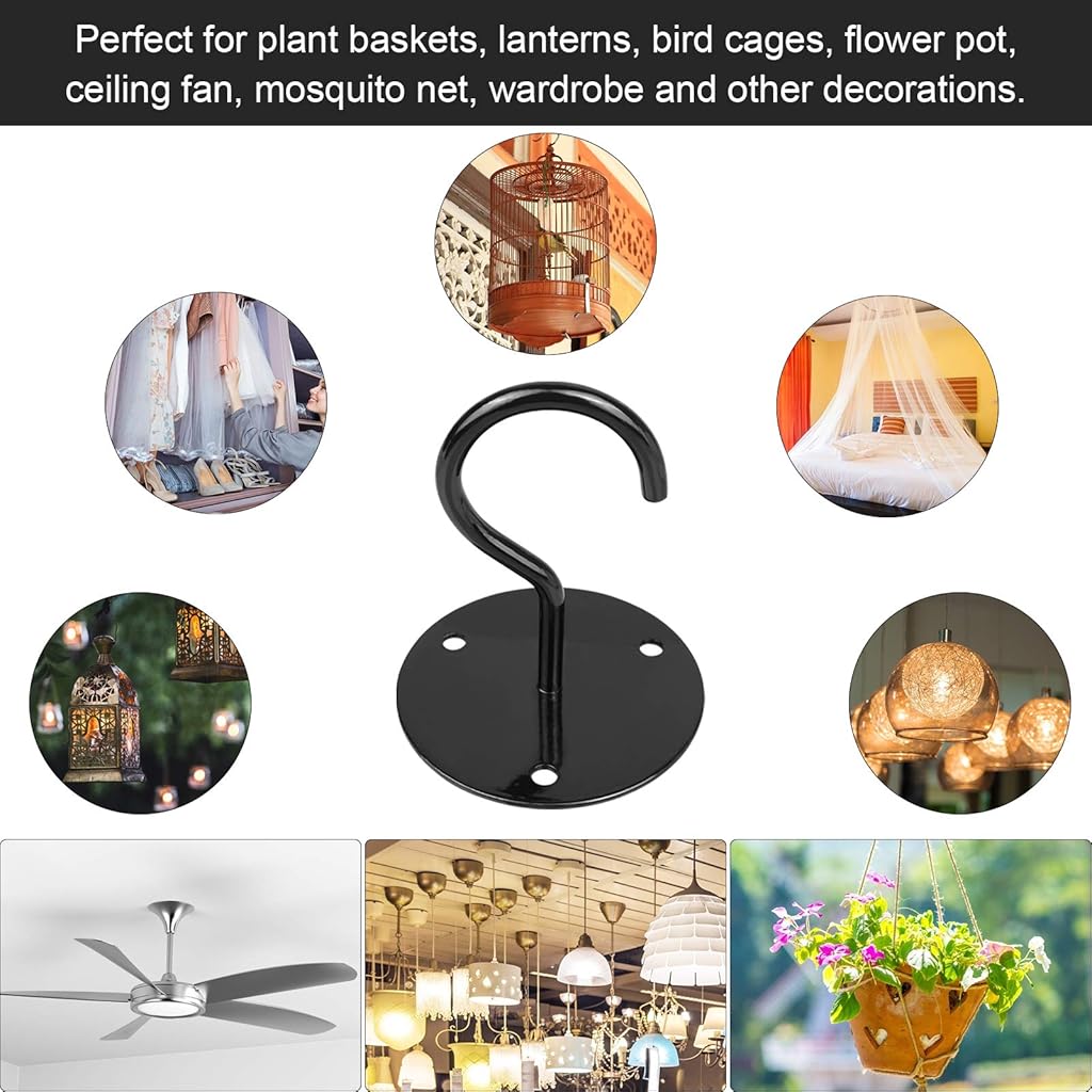 HASTHIP® 4Pcs Heavy Duty Metal Ceiling Hooks with Screws for Hanging Plants, Flower Pots, String Lights, Wind Chimes, Bird Feeders, Wall Mounted Hooks for Balcony, Porch, Garden, Black