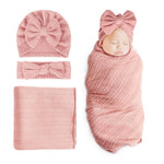 HASTHIP® SNOWIE Soft Juego de 3 Piezas para recién Nacido, Suave Manta Envolvente con Gorro Turbante con Lazo y Cinta, Manta Transpirable para Fotos, sueño y Regalo de Baby Shower