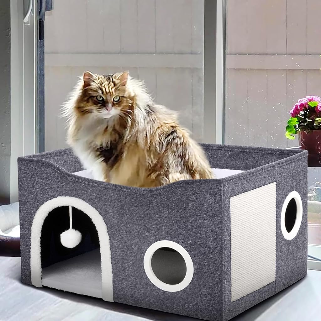 HASTHIP® Foldable Cat House, Cat Bed for Indoor Cats, for Cat Multi Opens Game Tunnel for Cat Double Layer Cat House with Atop Platform & Cat Scratcher Board DIY Assembly Cat House All Season Use