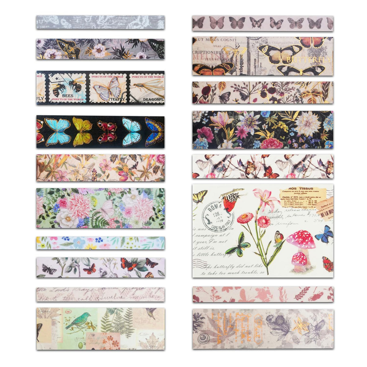 HASTHIP Vintage Washi Tape for Scrapbooking with 18 Rolls 6 Sizes and Gold Silver Foil | Writable Floral Butterfly Design