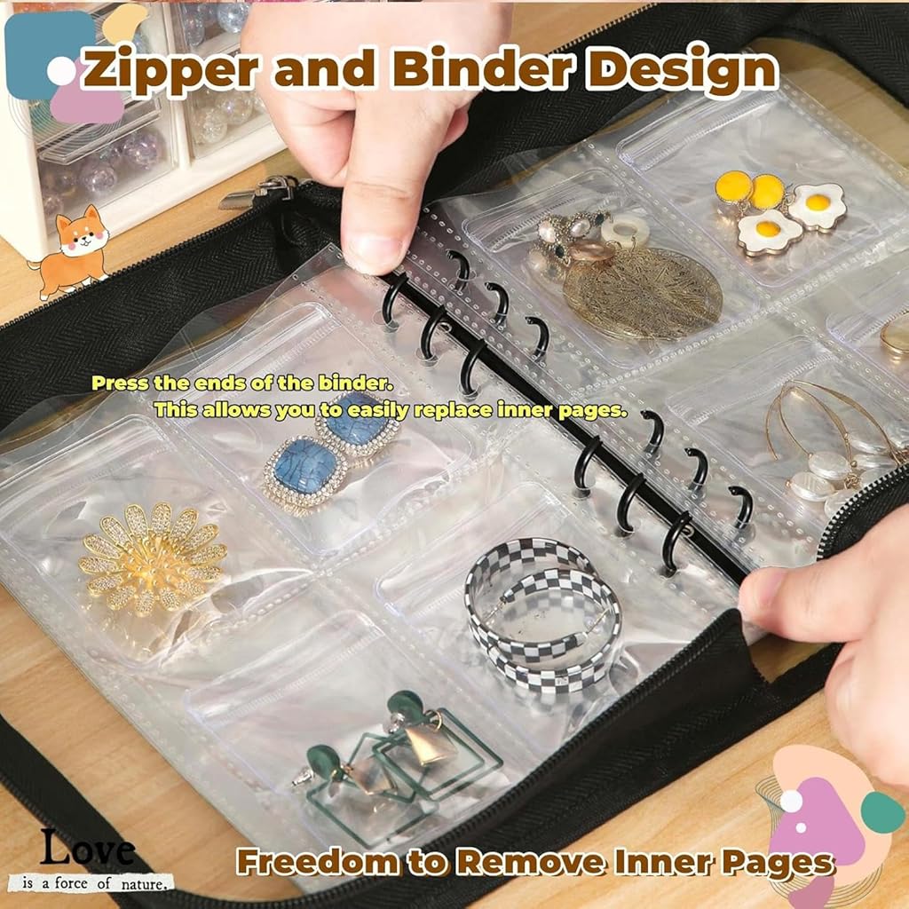 HASTHIP® Jewelry Organizer Travel Earring Organizer Case Transparent Jewelry Storage Book for Necklace Bracelet Ring With PVC Jewelry Pouches Zipper Bags