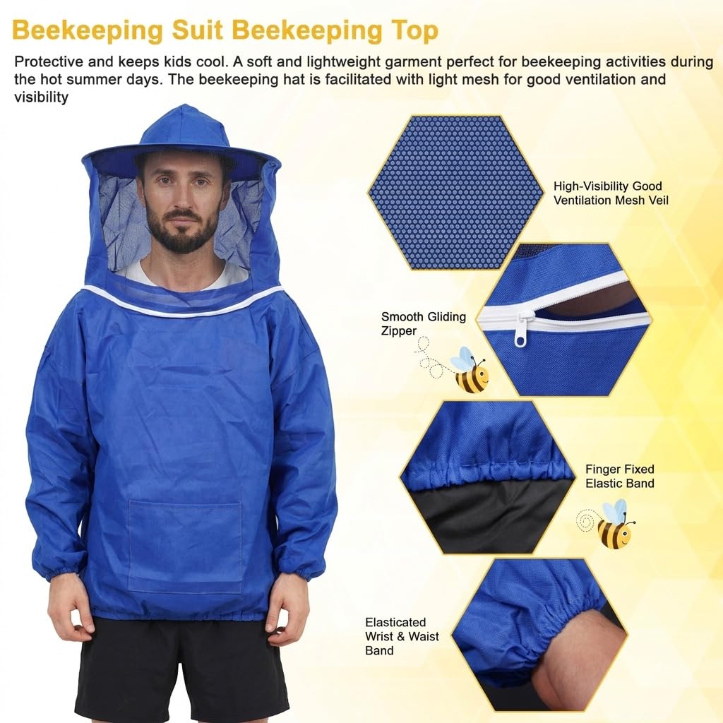 HASTHIP Beekeeping Suit Top with Detachable Veil and Elastic Cuffs for Outdoor Work