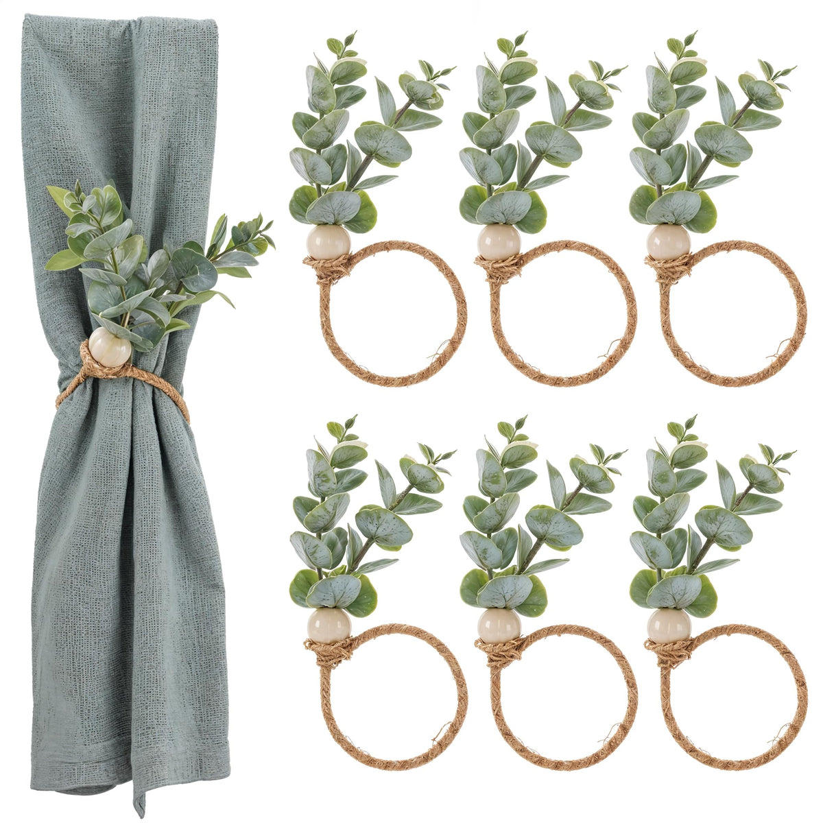HASTHIP Napkin Rings for Weddings and Christmas featuring Eucalyptus Leaf and Hemp Rope | 6Pcs Rustic Table Holders