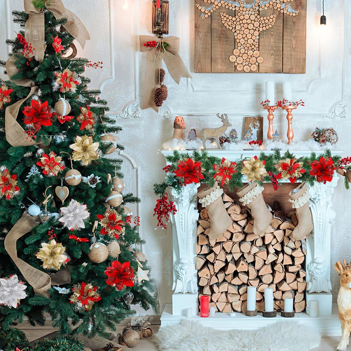 HASTHIP Christmas Poinsettia Flowers for Tree and Home Decor 12 pcs featuring 4 designs | 5.5 in ornaments in red and gold