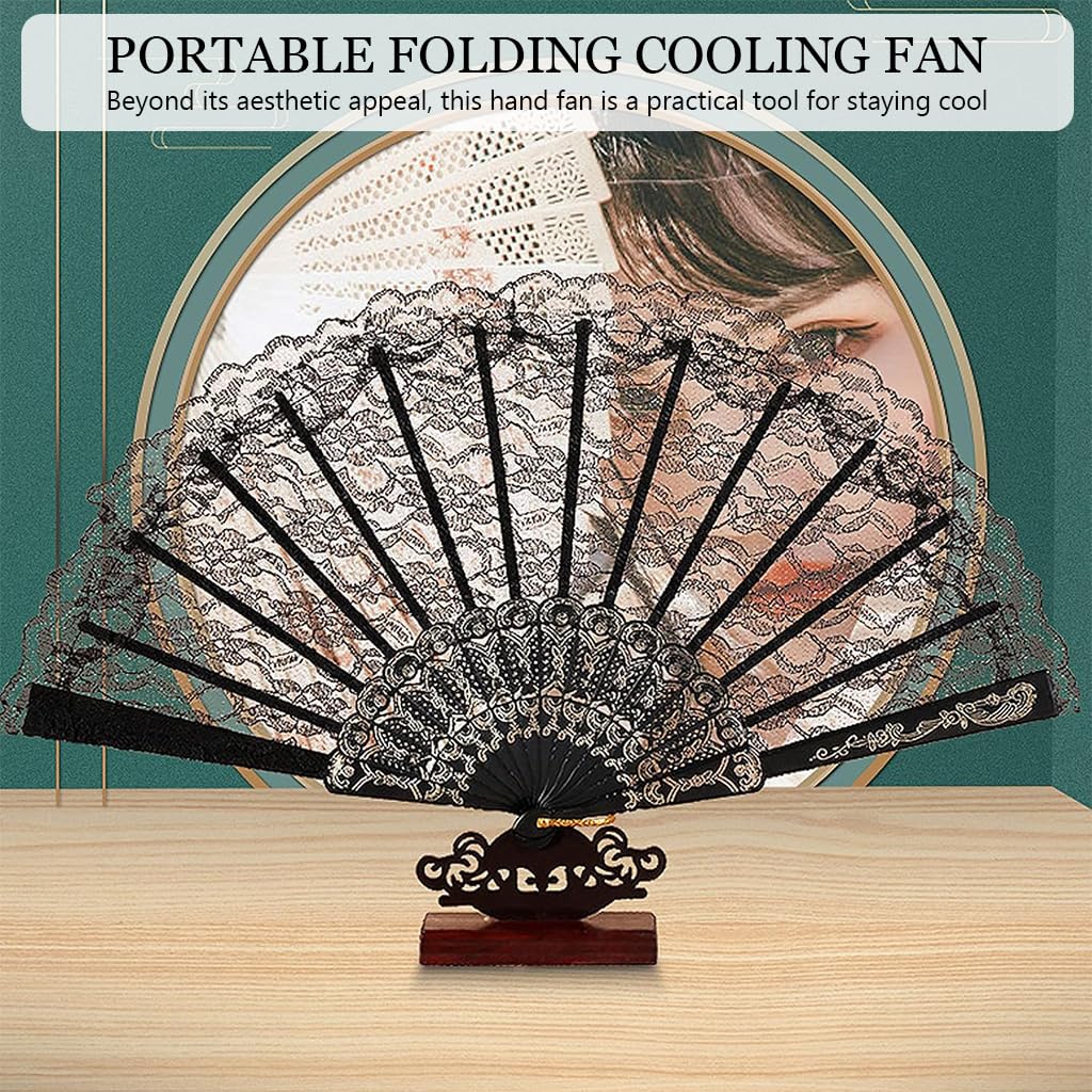 HASTHIP Chinese Hand Fan for Parties and Weddings with Bamboo Frame and Black Lace | 2PCS Set