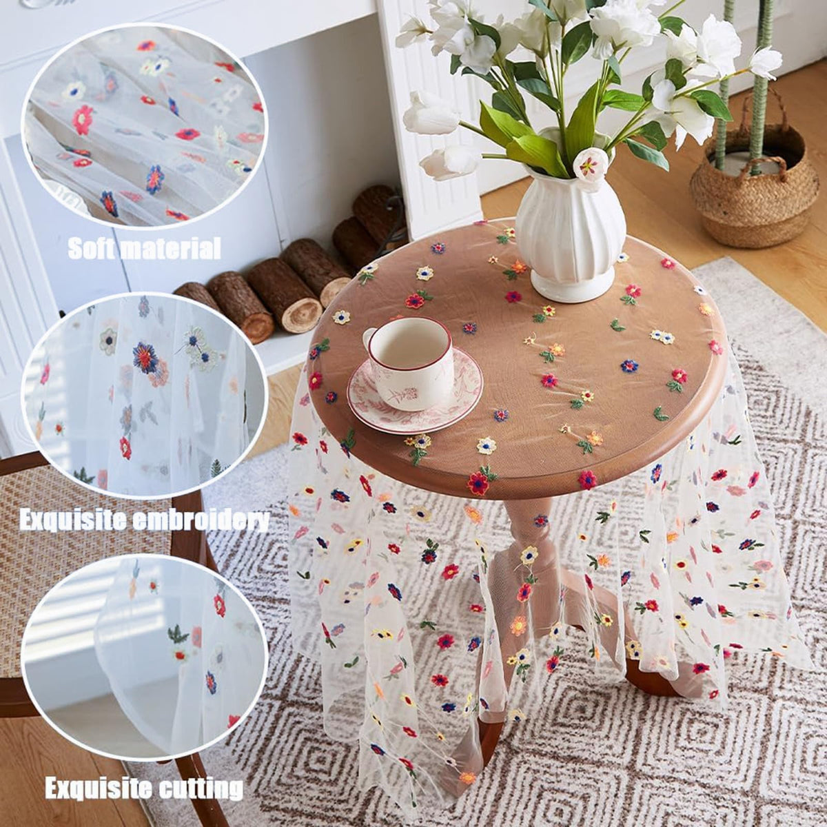 HASTHIP Table Runner for Dining and Wedding with Embroidered Daisy Lace 29 x 108 in | White Tulle Decor