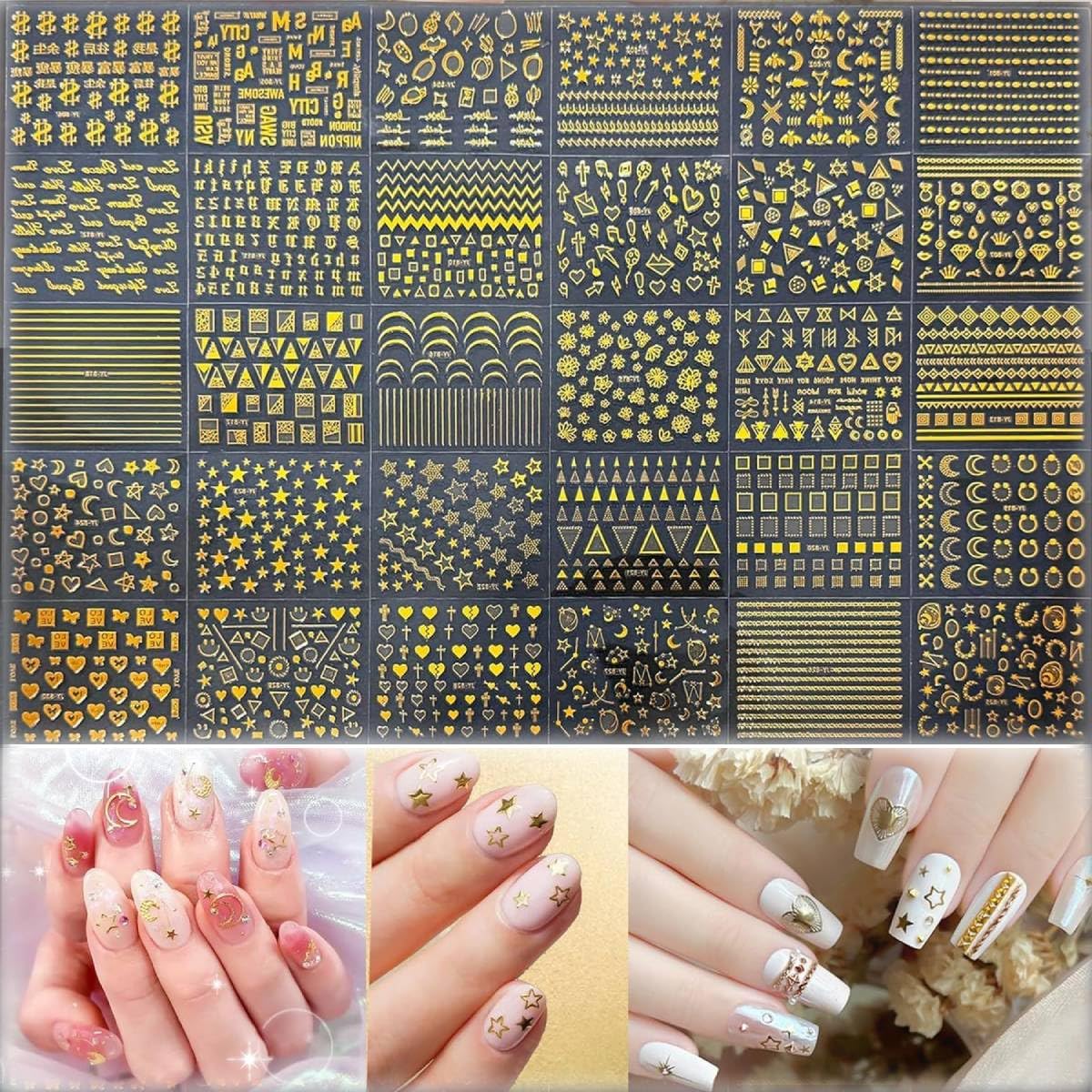 HASTHIP® 30 Hojas Pegatinas de Uñas Doradas 3D - Calcomanías Autoadhesivas para Decoración de Uñas Francesas,Rayas y Ondas - Suministros DIY para Manicura Acrílica y Arte