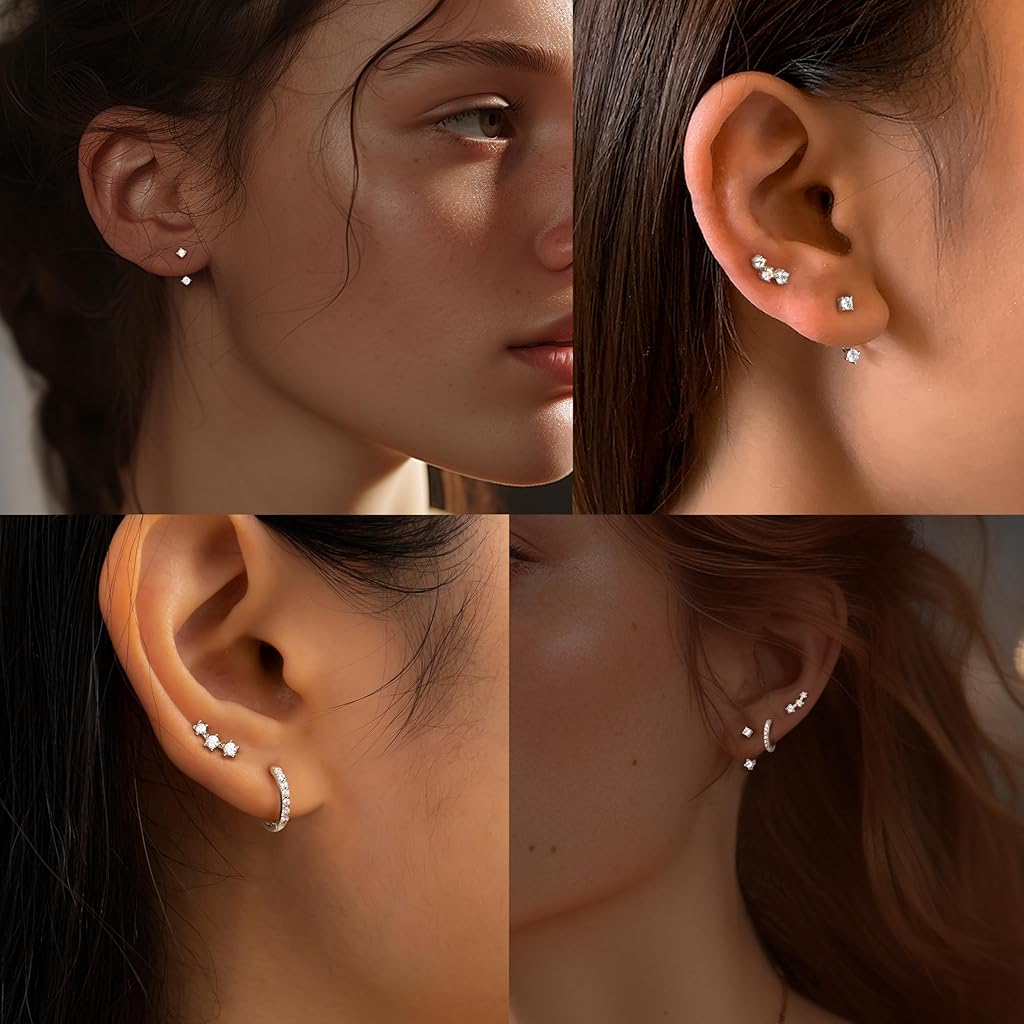 HASTHIP® Juego de 3 Pares de Aretes para Mujer,Pendientes Acero Inoxidable con Circonitas,Aros y Estrellas Hipoalergénicos y Elegantes para Múltiples Perforaciones