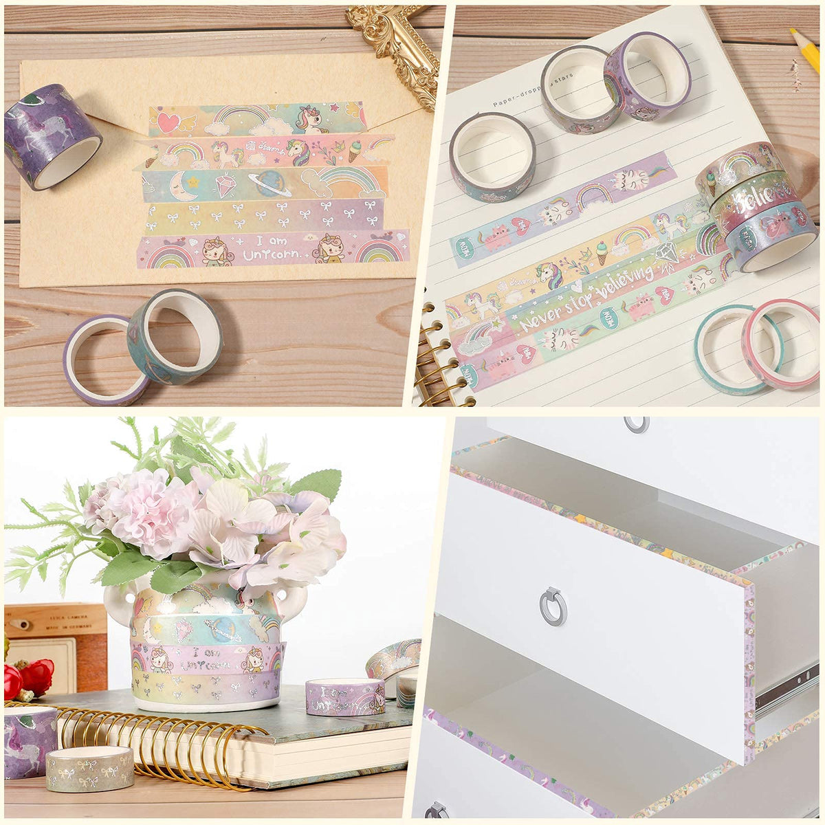 HASTHIP Washi Tape for DIY Journals and Planners featuring Unicorn and Rainbow Designs | 10 Rolls