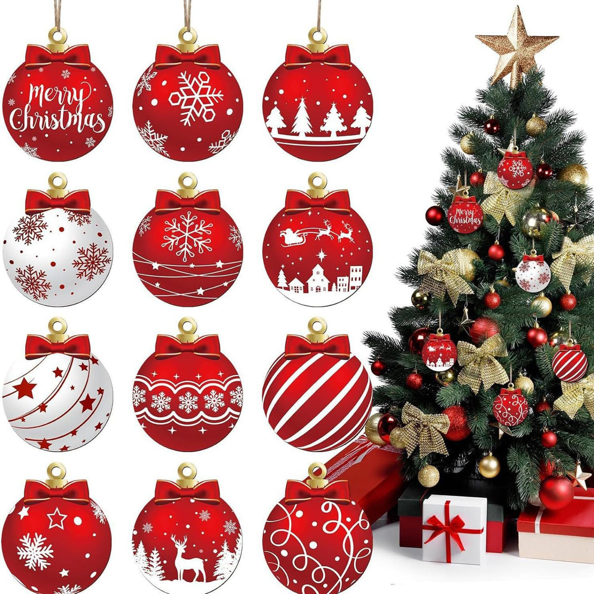 HASTHIP® 12Pcs Wooden Christmas Ball Ornaments, Red Hanging Decorations with Snowflake Pattern, Red Wooden Baubles for Christmas Tree & Holiday Room Décor