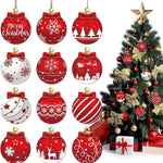 HASTHIP® 12Pcs Wooden Christmas Ball Ornaments, Red Hanging Decorations with Snowflake Pattern, Red Wooden Baubles for Christmas Tree & Holiday Room Décor