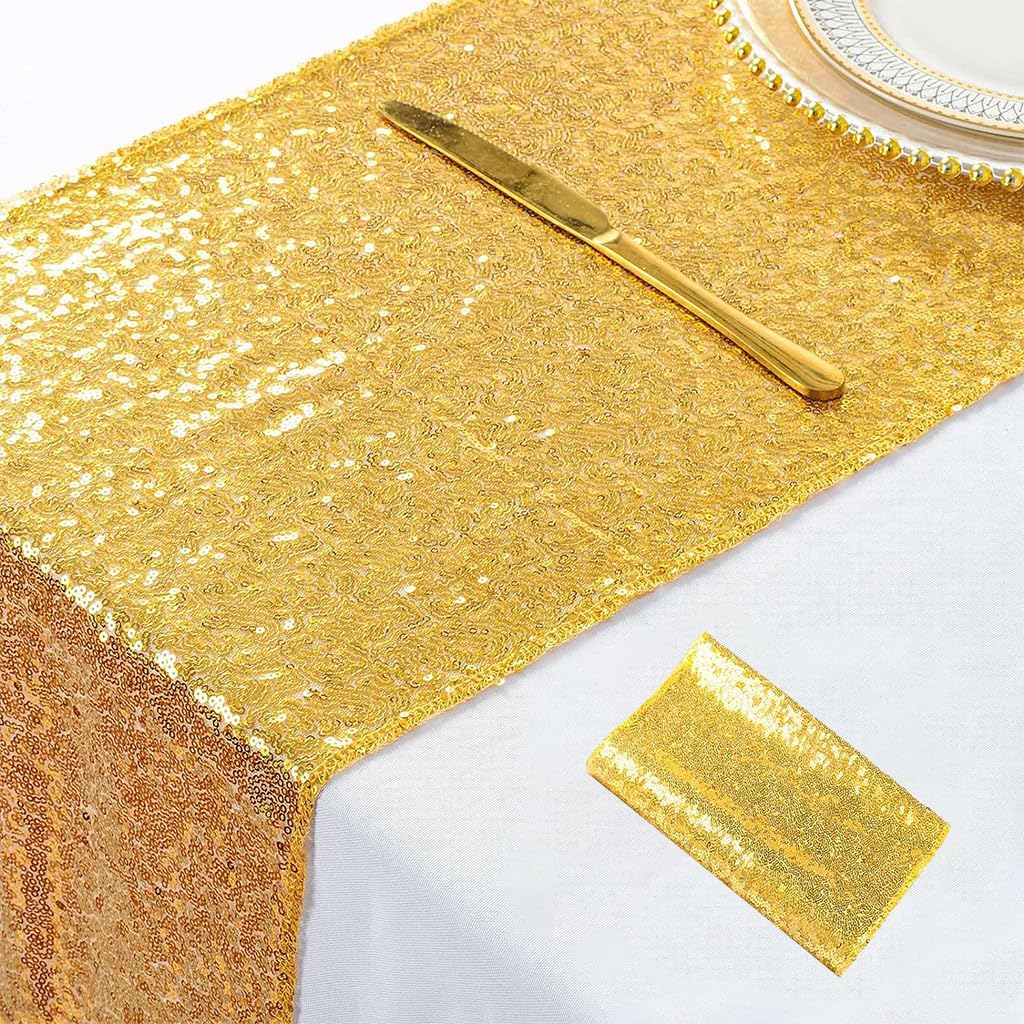 HASTHIP Sequin Table Runner 12 x 71 in for Holiday Celebration with Glitter Gold Design