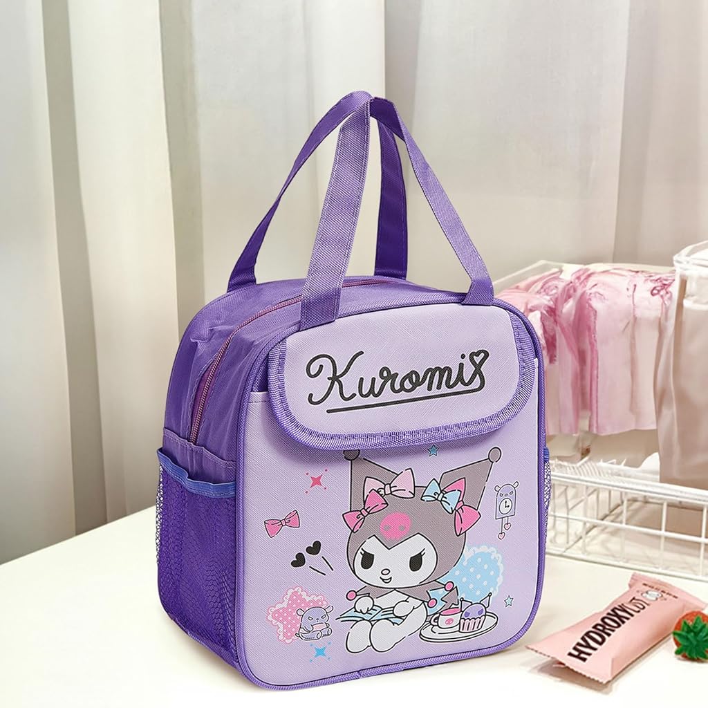 HASTHIP® Insulated Lunch Bag Kawaii Cartoon Kuromi Lunch Box Bag Handbag Bento Bag School Lunch Bag for Girls Picknic Food Bag, 20x13.5x23cm