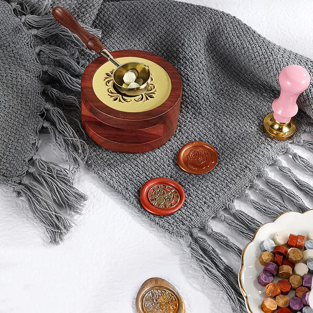 HASTHIP Wax Seal Stamp Kit for Envelopes and Invitations with Brass Spoon and 7.5 cm Furnace | Wood and Metal Wax Melting Set