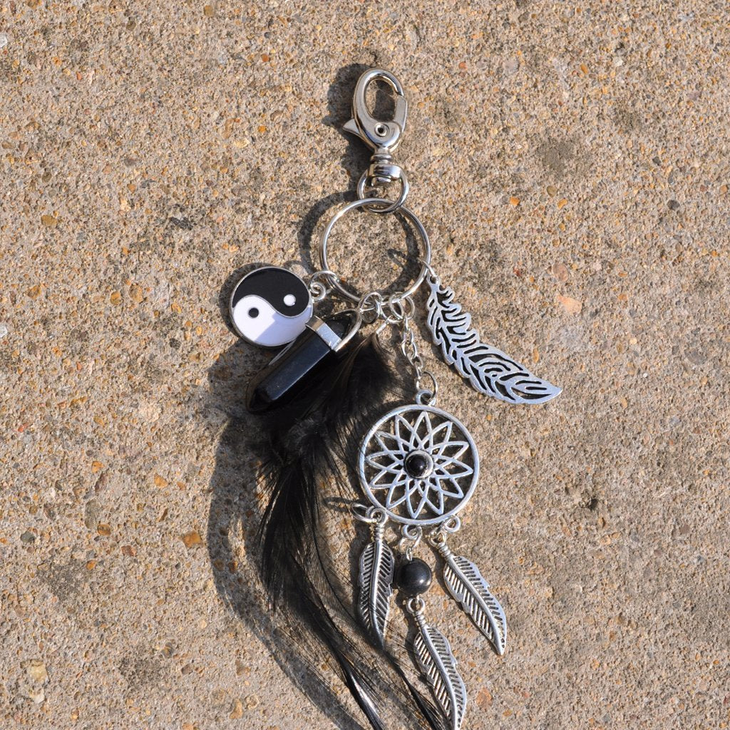 HASTHIP Dreamcatcher Keyring with Black Agate and Feather Charm in Black and Silver | Imported from Hong Kong