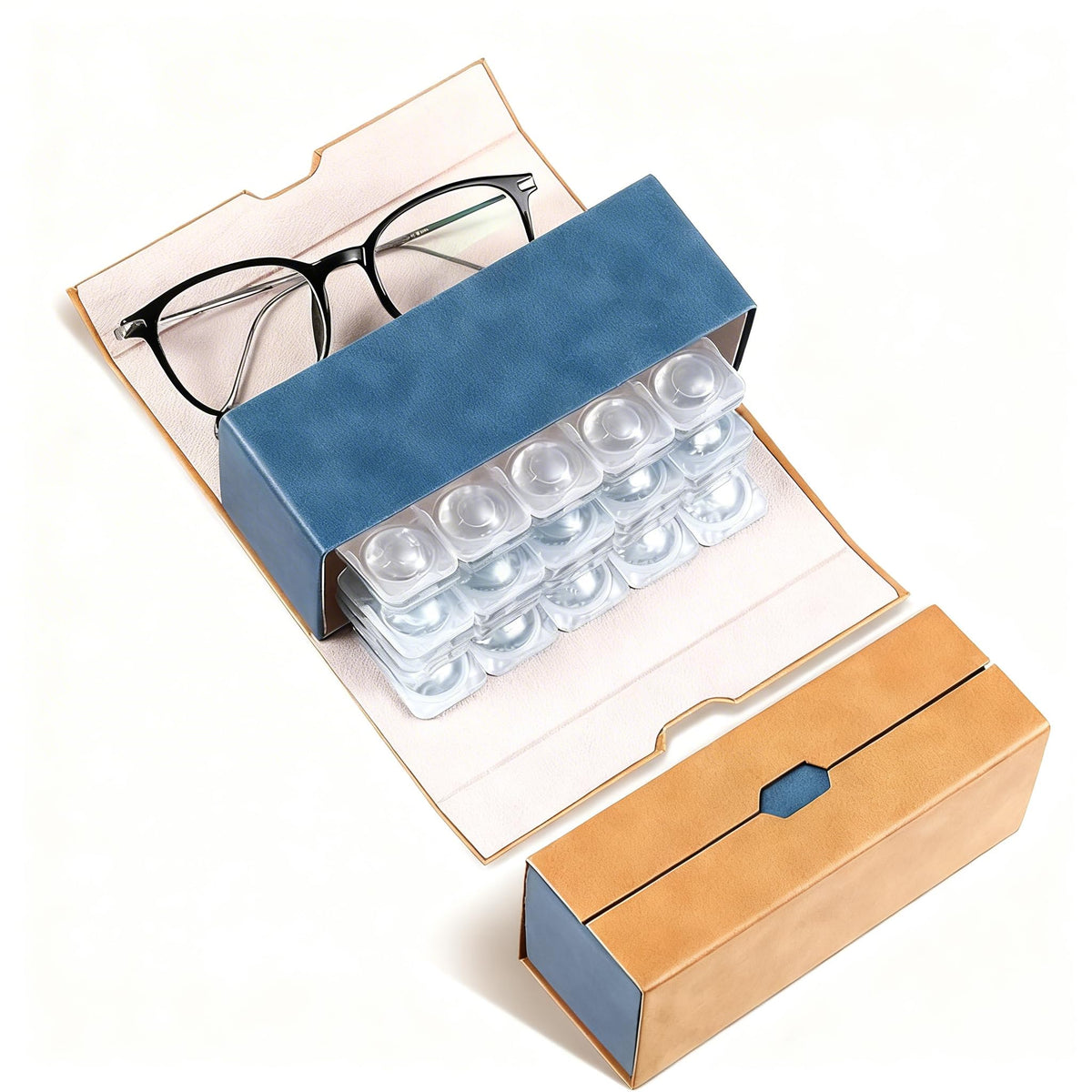 HASTHIP® Estuche 2 en 1 para Gafas y Lentes de Contacto,Organizador Portátil de PU Cuero con Espejo,Pinzas y Botella Caja Viaje Compacta para Gafas Sol Lentes - Marrón