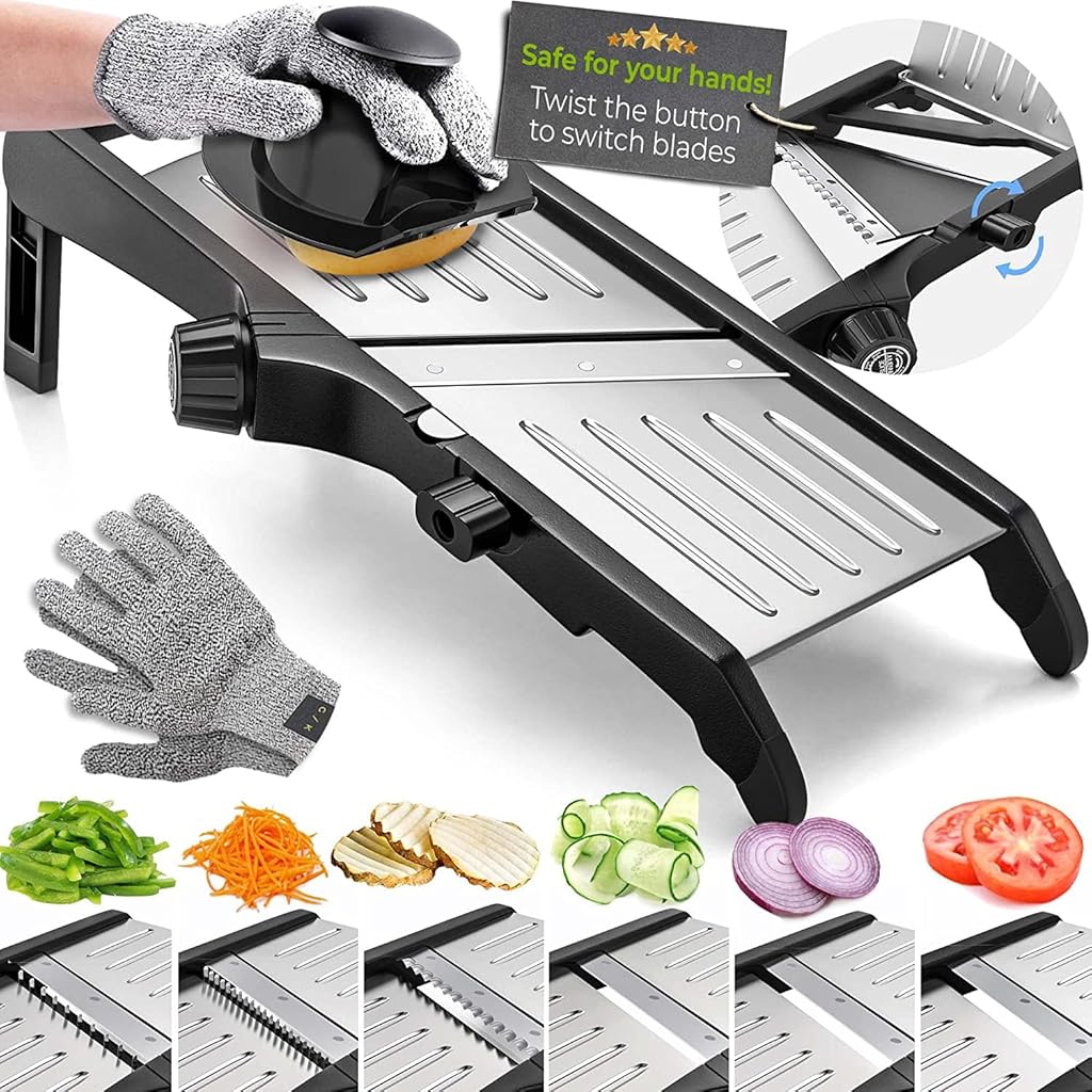 HASTHIP® Adjustable Mandoline Slicer for Kitchen, Potato Cutter, Vegetable Chopper, Mandolin- Include One Pair Cut-Resistant Gloves With a Small Brush-Black