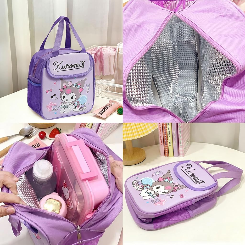 HASTHIP® Insulated Lunch Bag Kawaii Cartoon Kuromi Lunch Box Bag Handbag Bento Bag School Lunch Bag for Girls Picknic Food Bag, 20x13.5x23cm