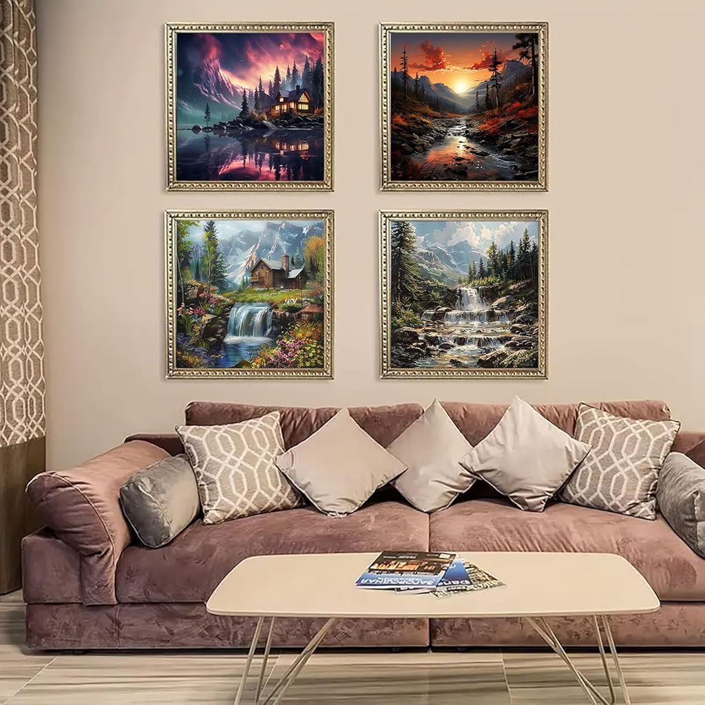 HASTHIP® 4pcs DIY Diamond Art Painting Kit 5D Diamond Art Painting Kit Hyper-Realistic Scenery Diamond Painting Wall Decor Beginners Diamond Art Painting Supplies DIY Home Gift, 11.8 x 11.8 Inch