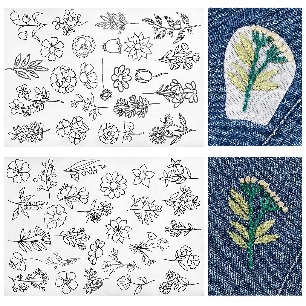 HASTHIP Water Soluble Stabilizer for Embroidery with 50 Flower Patterns in White | Easy Stick and Stitch for Beginners